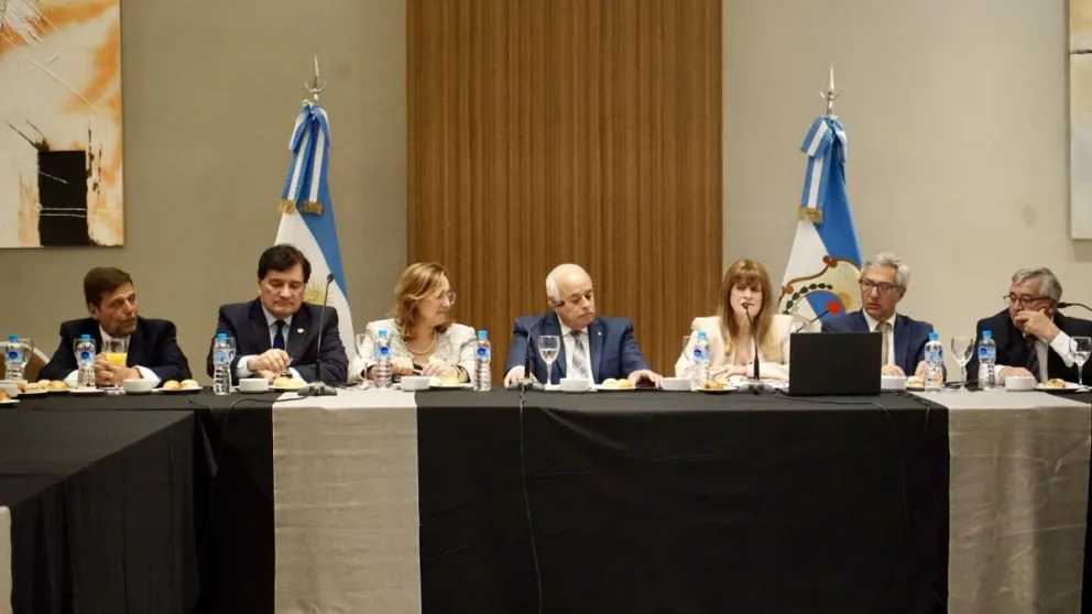 Apoyo. Emilia Valle, presidenta de JUFEJUS, al lado del titular de la Corte de Justicia local, Marcelo Lima, y los ministros Adriana García Nieto, Daniel Olivares y Juan José Victoria. Las autoridades de la institución respaldaron a sus pares.