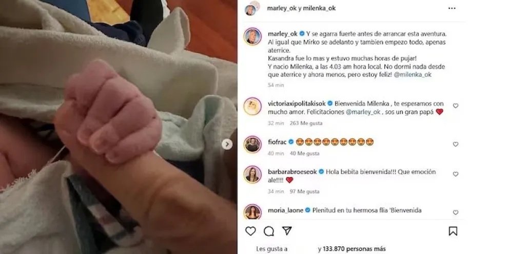 Marley asistió a la llegada de Milenka, su segunda hija, con un emotivo mensaje.