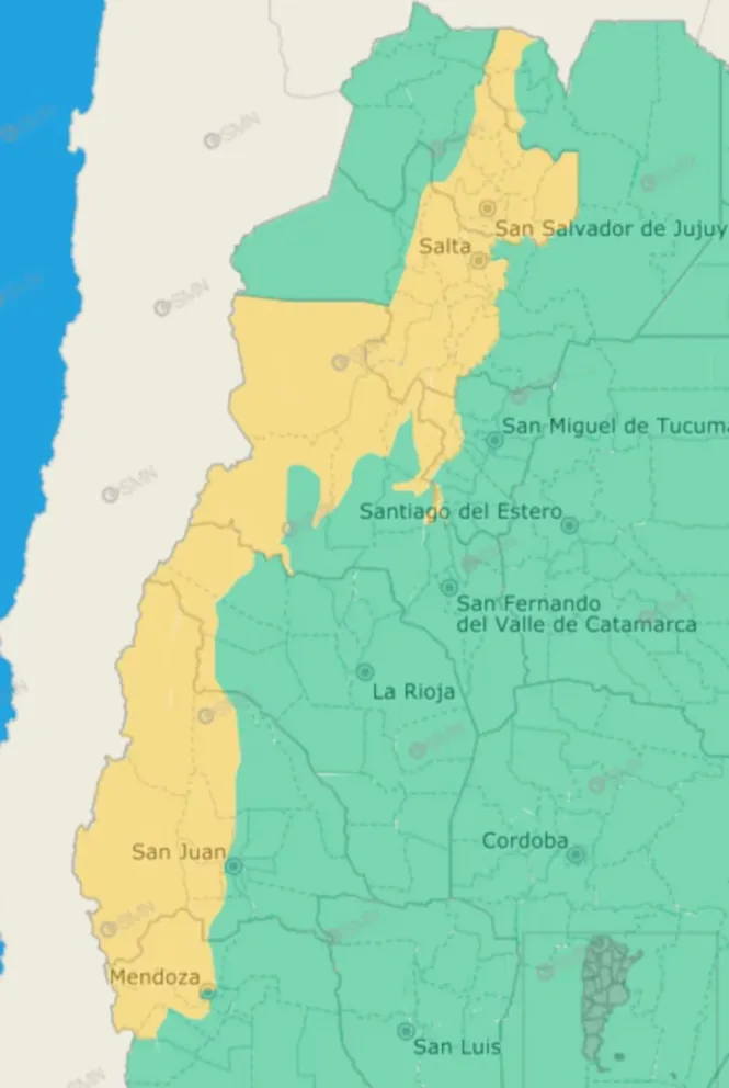 Alerta amarilla por tormentas en San Juan y otras cinco provincias este martes. 