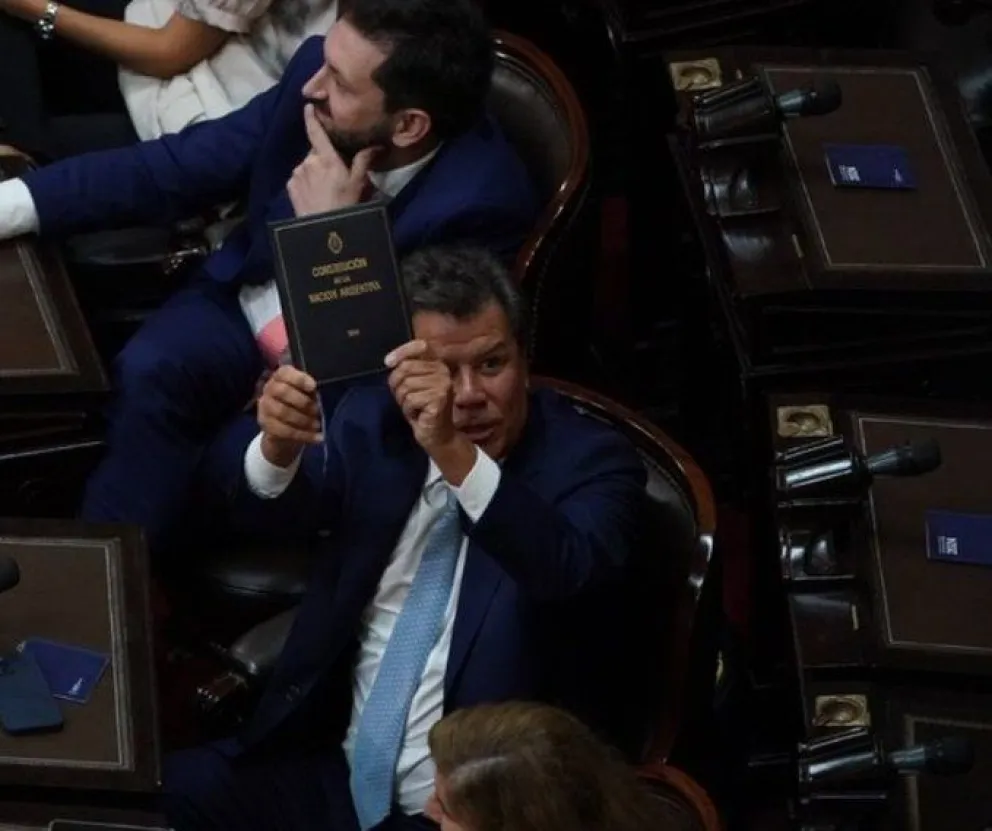 Crítico. Facundo Manes, diputado de la UCR, muestra la Constitución Nacional.