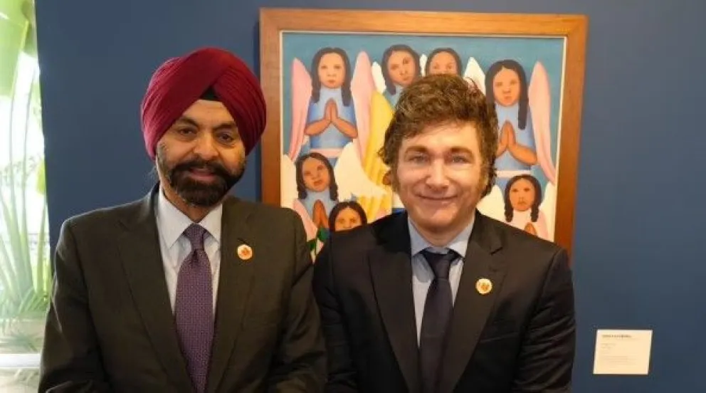Cónclave. El presidente de la Nación, Javier Milei, y la máxima autoridad del Banco Mundial, Ajay Banga.