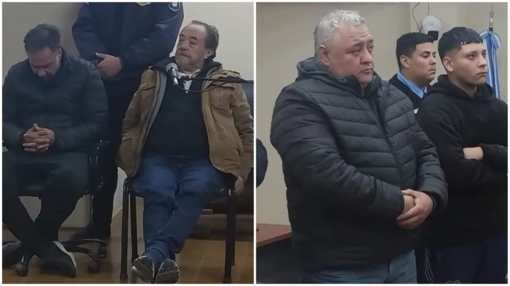 De izquierda a derecha: Roberto Vega y Francisco Fernández, por la presunta estafa en el barrio Textil II, y Gustavo Rolando Rodríguez, junto a sus hijos, por el ataque a un menor en Rawson. Foto0264Noticias.