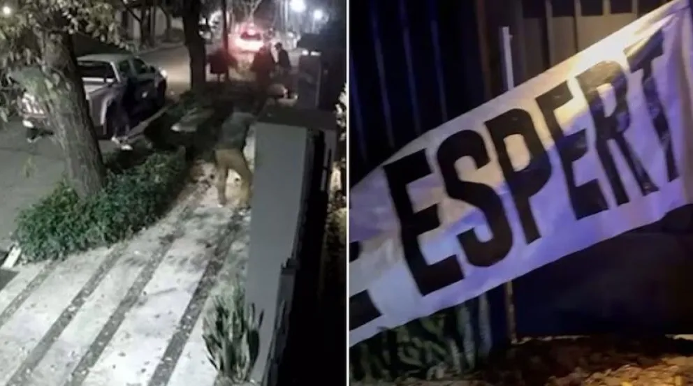 Vandalización. El momento que atacan la puerta de la casa de José Luis Espert.