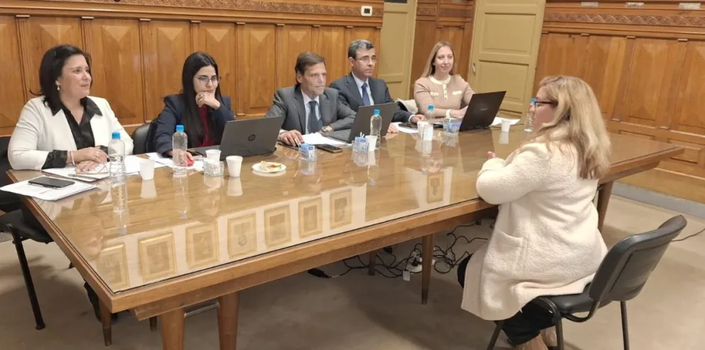 El Consejo de la Magistratura entrevistando a una postulante. De izquierda a derecha: la abogada Valeria Torres, la diputada Fernanda Paredes, el cortista Juan José Victoria, el abogado Raúl Acosta y la ministra Laura Palma. 