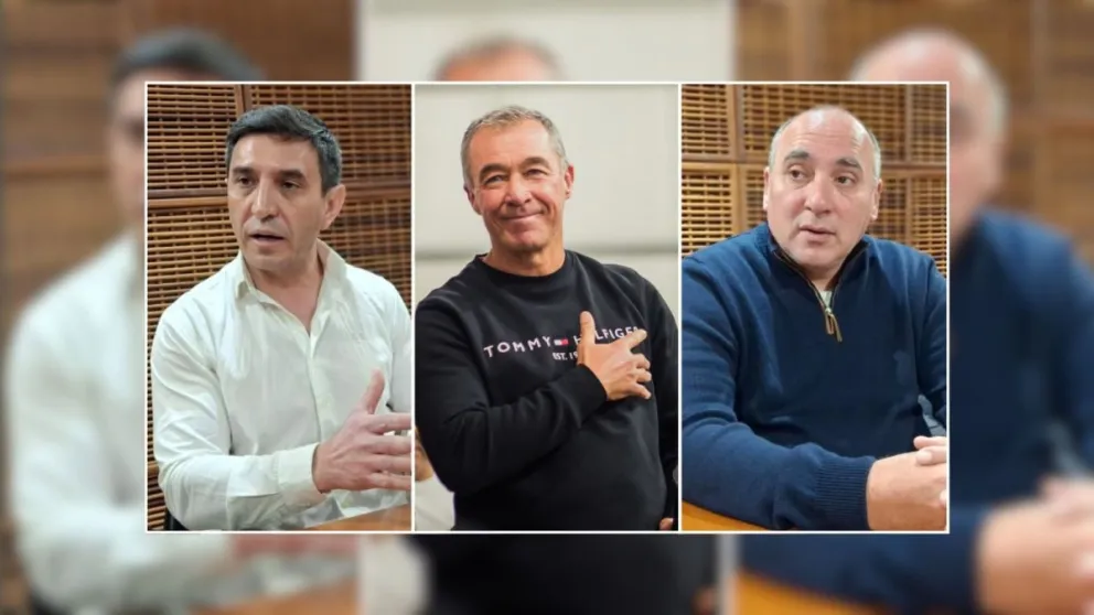 Referentes. Cristian Andino y Fabián Martín son candidatos a diputados nacionales por sus respectivos frentes electorales. José Peluc es el referente local de La Libertad Avanza.