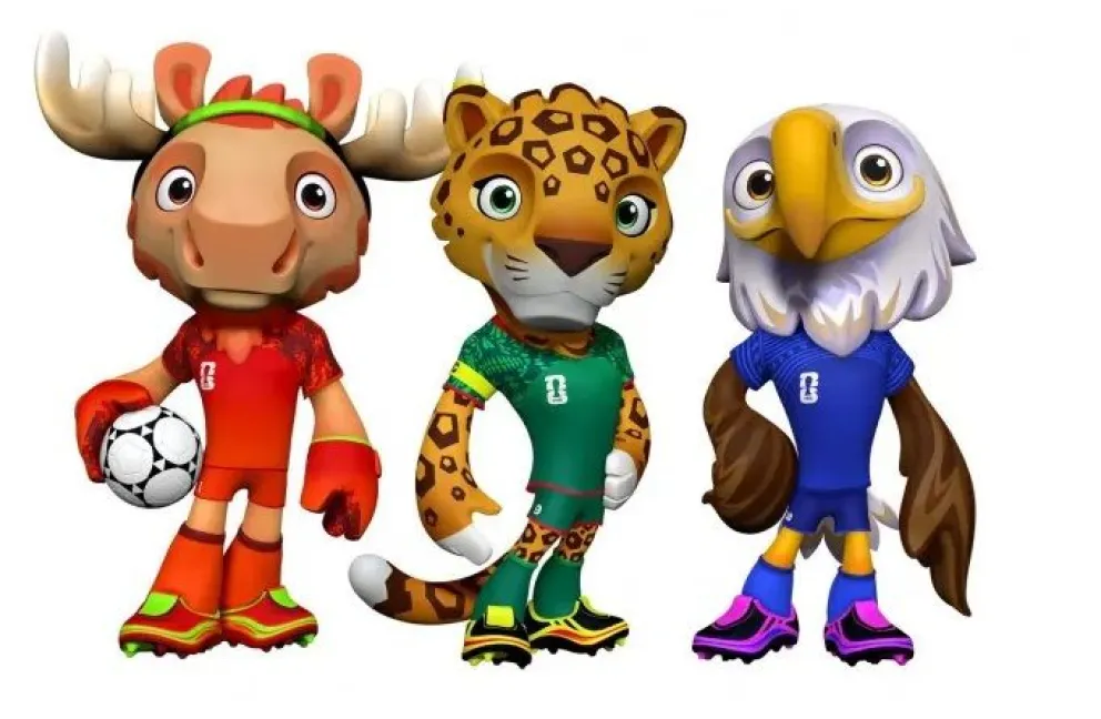 De izquierda a derecha: el alce Maple representa a Canadá, el jaguar Zayu representa a México y el águila Clutch representa a Estados Unidos