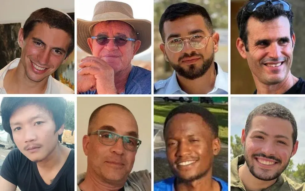 Los ocho rehenes fallecidos cuyos cuerpos permanecían retenidos en Gaza: de izquierda a derecha- Hadar Goldin, Meny Godard, Ran Gvili, Dror Or; (Fila inferior) Sudthisak Rinthalak, Lior Rudaeff, Joshua Mollel, Itay Chen.