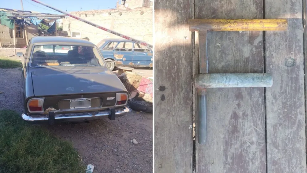 El vehículo Peugeot 504 utilizado para el secuestro y el arma tumbera que tenían los sujetos. 