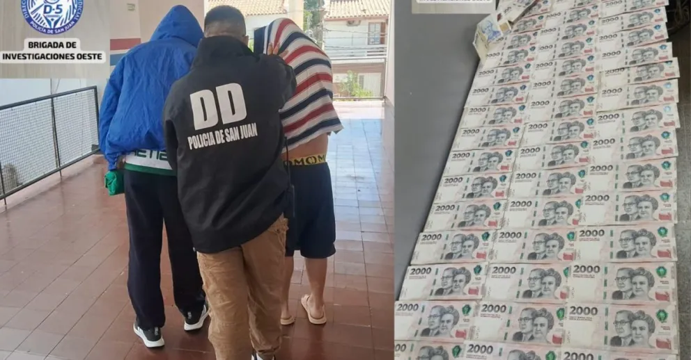 Los Flores, en la Central de Policía y el botín en efectivo que se les secuestró.