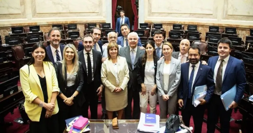 Patricia Bullrich, junto a senadores libertarios, entre ellos, el sanjuanino Bruno Olivera.