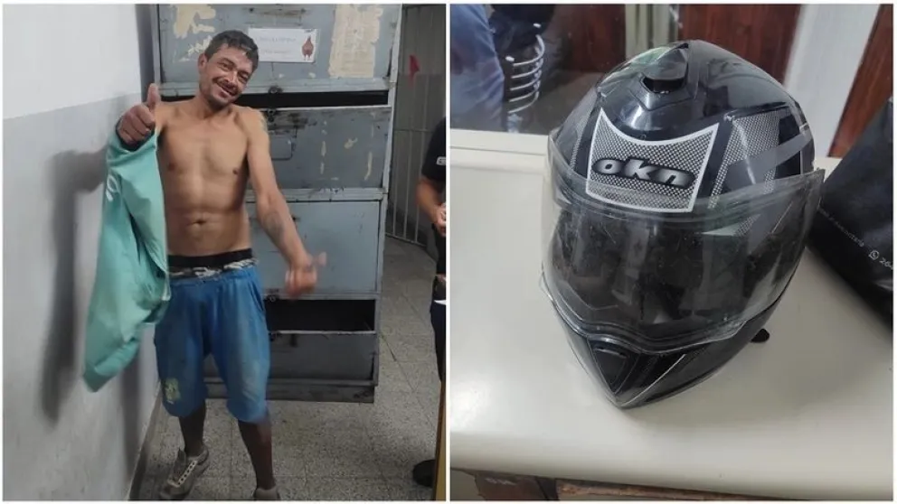 El delincuente al momento de ser detenido, y el casco que sustrajo.