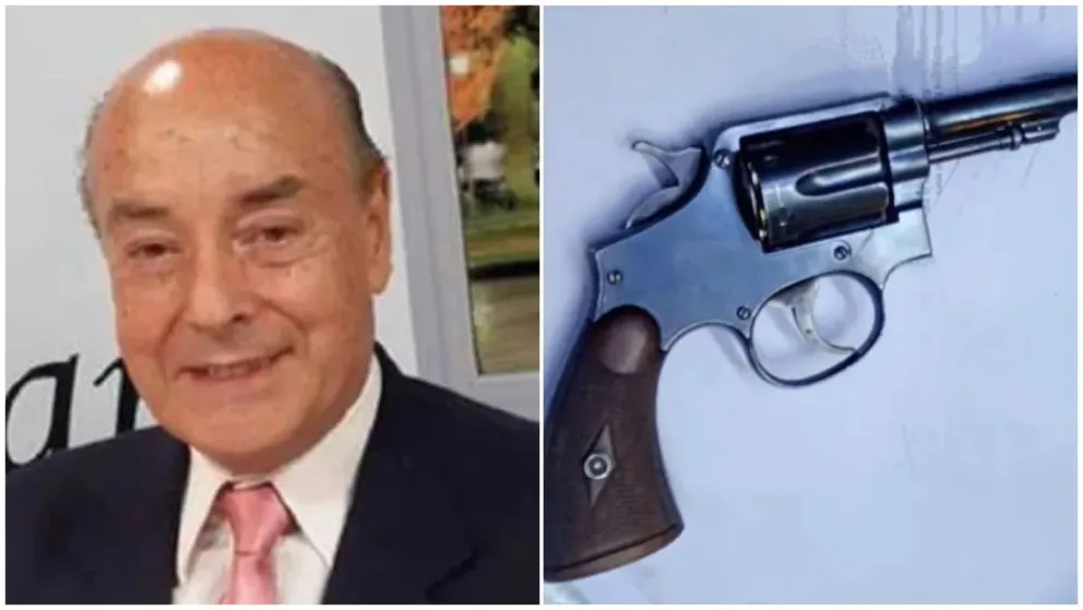 El abogado Oscar Adárvez, de 81 años, y el arma de fuego calibre 38 que le encontraron.