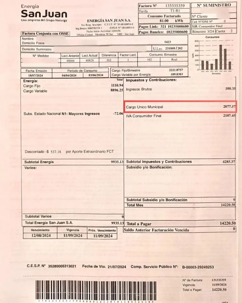 El Cargo Único Municipal (CUM) figura en la boleta de la luz que emite Naturgy y DECSA. 