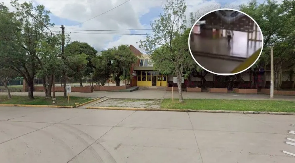 La fachada del colegio en Santa Fe donde se investiga el crimen, con un detalle ampliado de una imagen de seguridad que podría ser clave en el caso.