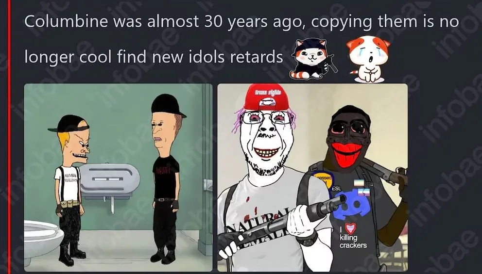 La imagen muestra a los personajes de Beavis y Butt-Head en un baño, junto a una ilustración de caricaturas con armas y un mensaje que critica la violencia.