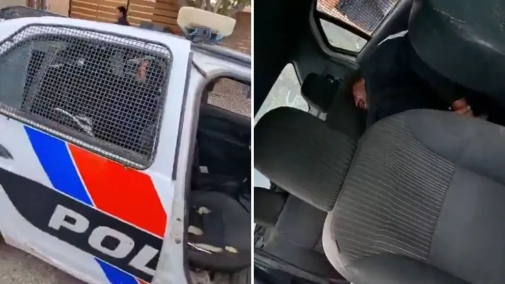 El patrullero dañado y el hombre detenido por querer quemar la casa de su pareja en Pocito.