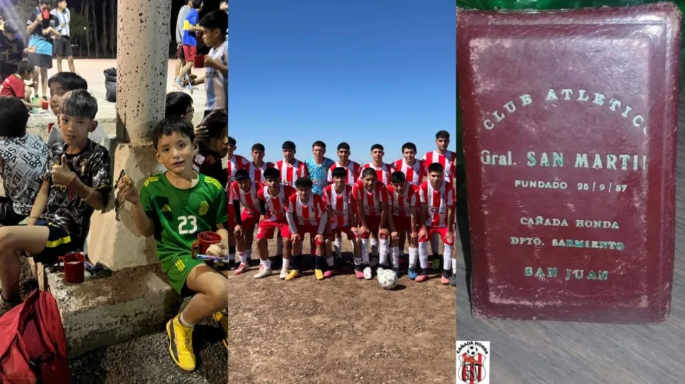 Futuro, presente e historia. Chicos del club, el actual equipo de Primera y una libreta antigua de un socio.