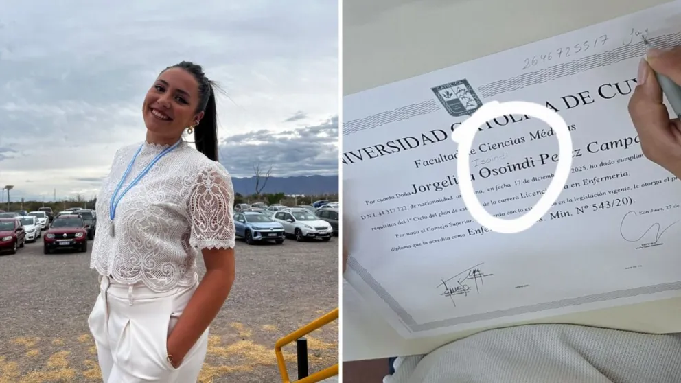 Jorgelina el día de su acto de colación y el diploma mal hecho por la UCCuyo.