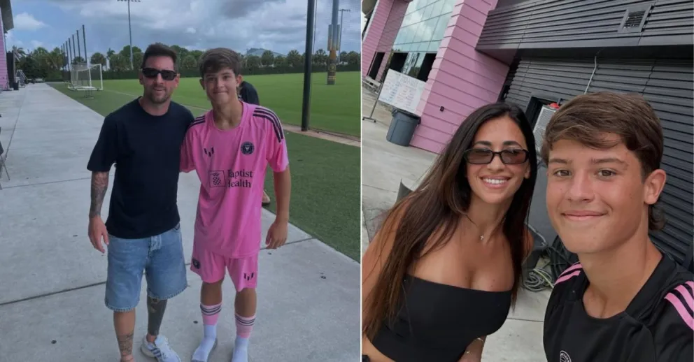 Benjamín, que transita una prueba en el Inter Miami, posando junto a Lionel Messi y su esposa, Antonella Roccuzzo.