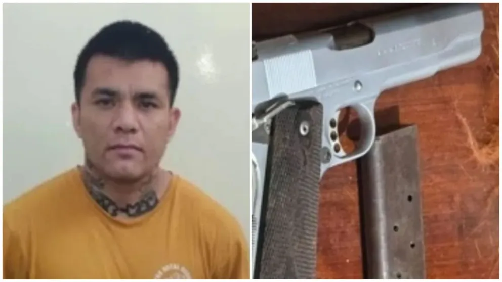 Ezequiel Fernández y la pistola Colt calibre 45 que secuestró la Policía.