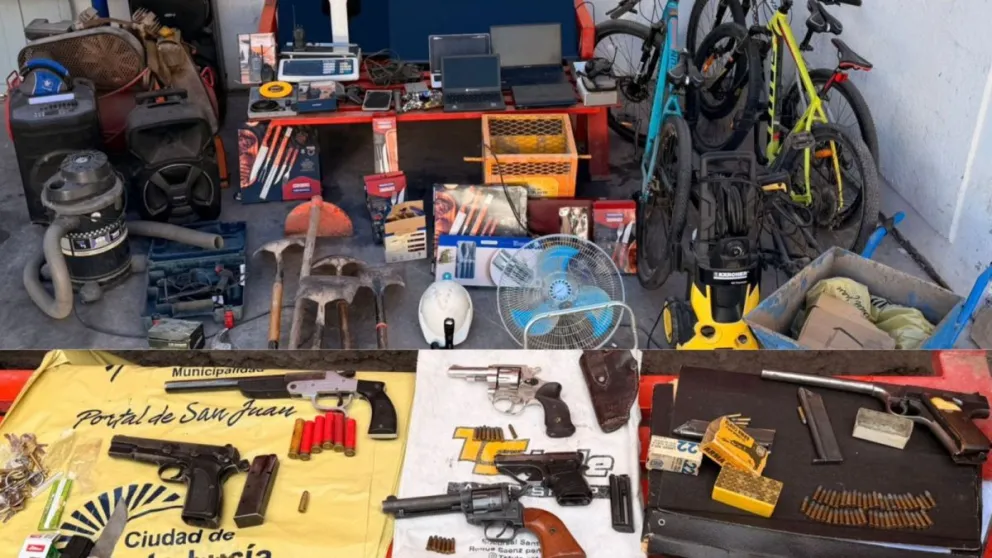 Los elementos robados y las armas que encontraron en dos viviendas del barrio Camilo Rojo.
