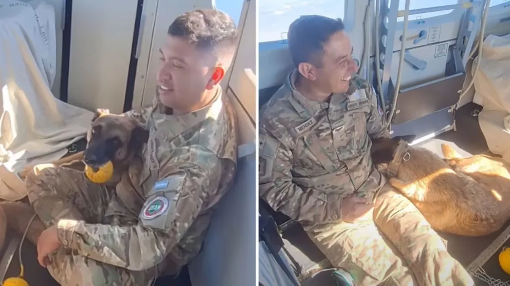 Los canes Dereck y Jack, junto a los efectivos del RIM 22 que son sus guías. El primero de los animales cumple su última misión en Venezuela, para luego pasar a retiro.