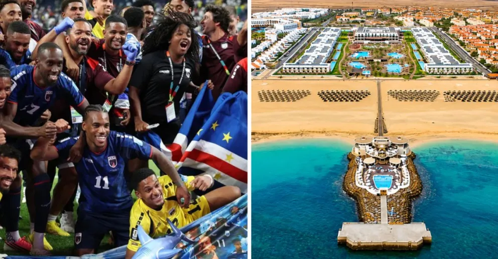 Los jugadores de Cabo Verde durante el festejo de la histórica clasificación; a la derecha, el muelle sobre las platas de la Isla de Sal, uno de los principales destinos del país africano.