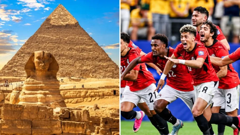 De izquierda a derecha:  la Gran Esfinge de Giza junto a la pirámide de Kefrén, seguida a la derecha por la histórica celebración de los futbolistas luego de eliminar por penales a Australia. 