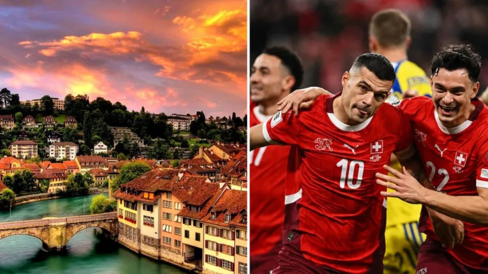 De izq. a der: Vista del casco antiguo de Berna, junto al río Aare y la iglesia de Nydeggkirche. Al lado, Vargas, Xhaka y Rieder, celebrando su clasificación a los cuartos de final.