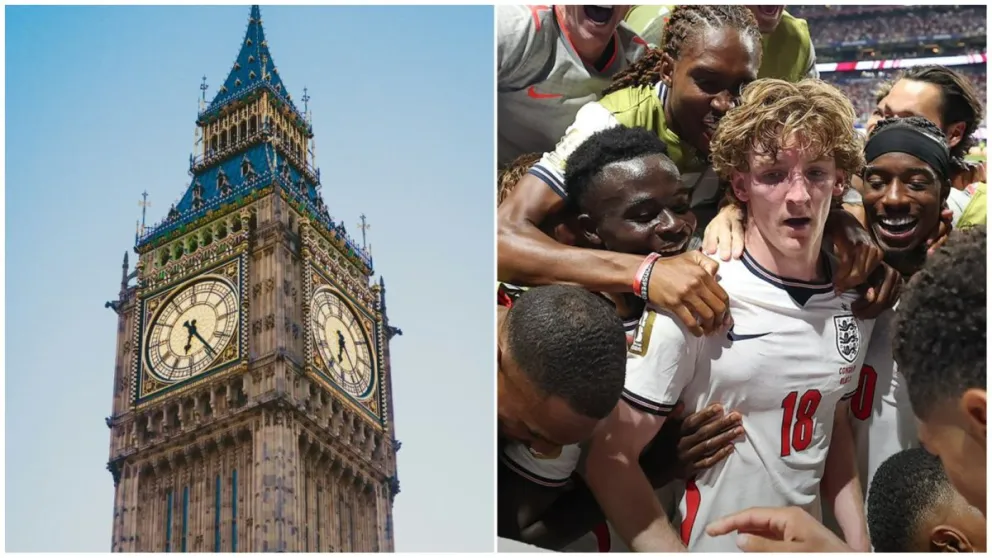 De izquierda a derecha: la icónica e imponente estructura gótica de la Elizabeth Tower (Big Ben) en Londres, seguida a la derecha por la celebración de Inglaterra al vencer a Noruega y meterse en la semifinal. 