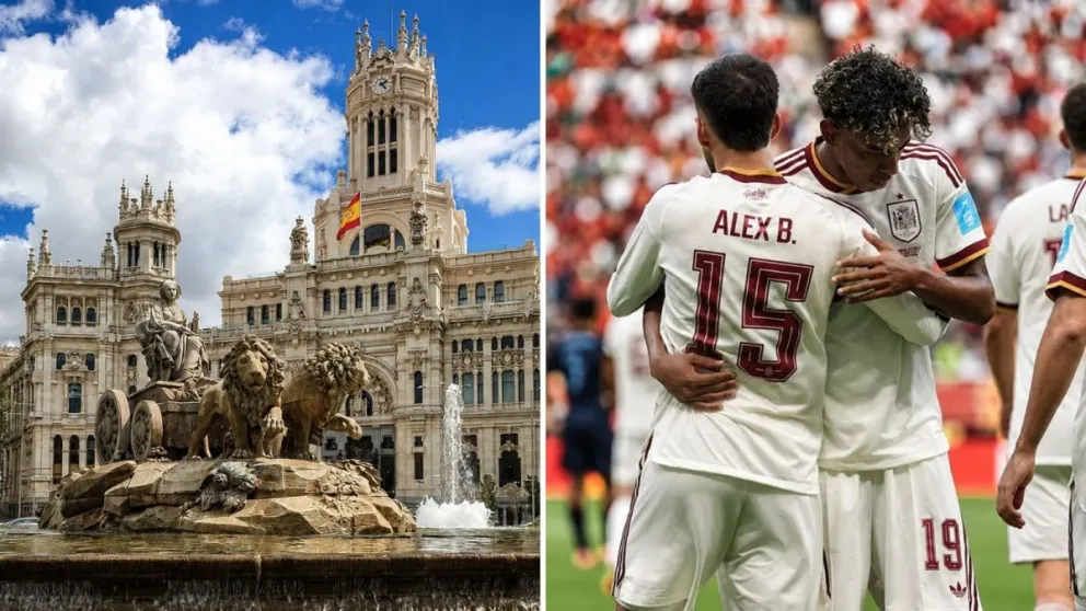 De izquierda a derecha: Fuente de Cibeles, uno de los más icónicos de Madrid, la cual representa a la diosa romana. Allí tradicionalmente se celebrarn las victorias deportivas. Seguido por La Roja durante el Mundial 2026. 