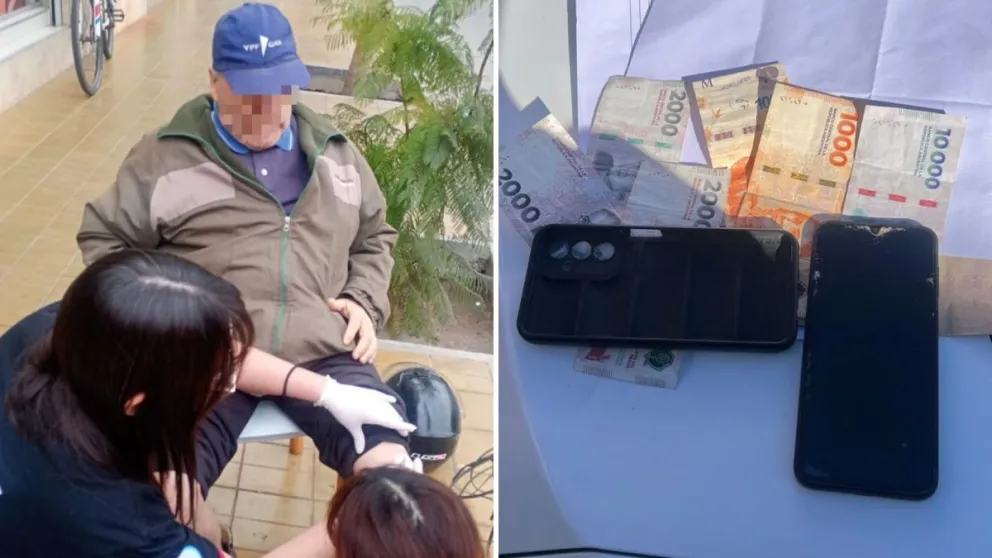 La víctima, de 80 años, debió ser atendido en sus rodillas por los golpes padecidos. A la derecha, el dinero y el celular que le robó el delincuente.