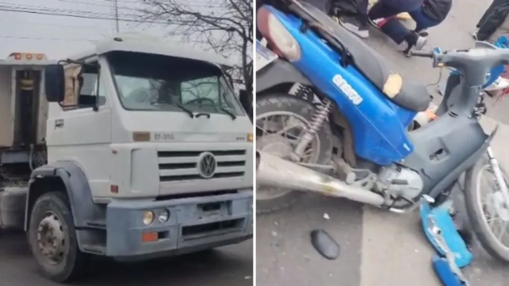 El camión y la moto, los vehículos que participaron en el grave accidente este mediodía. (Gentileza: Los Cazadores de Noticias)