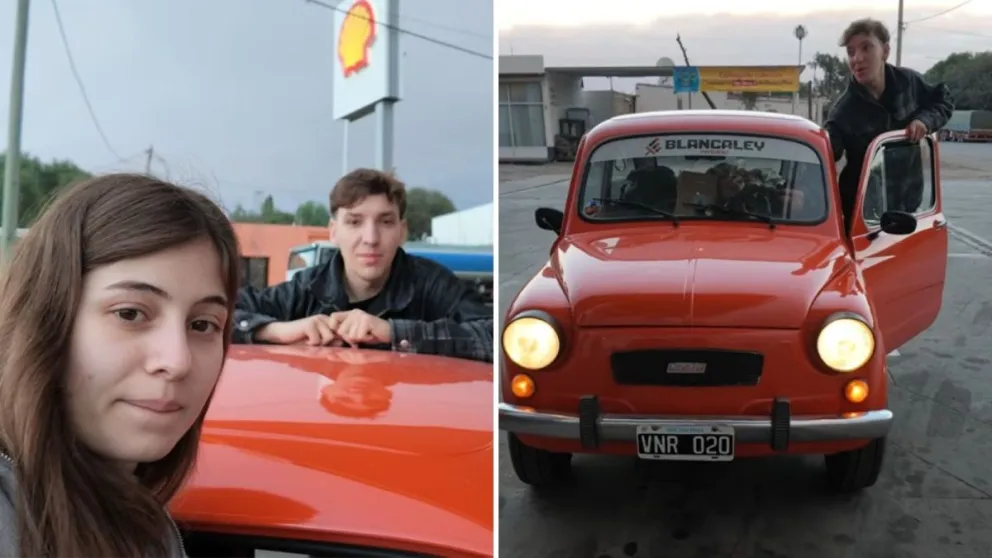 Iñaki Zugasti, junto a su pareja, y el Fiat 600 que los trasladó desde Santa Fe hasta nuestra provincia.