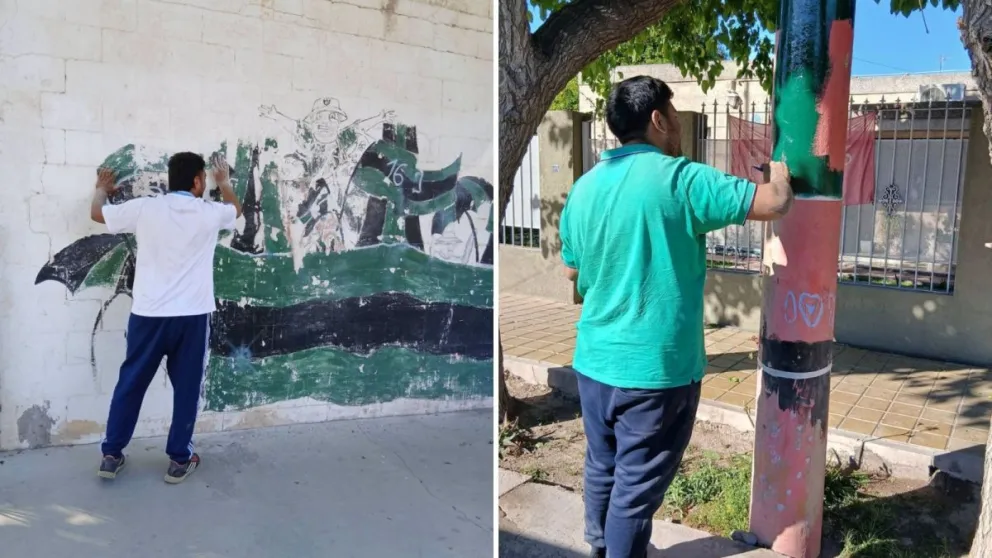 Hinchas de San Martín pintando los alrededores del Hilario Sánchez. Gentileza: Locura Verdinegra