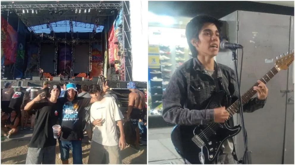León, junto al "Grillo y su hermano durante un recital de La Renga. 