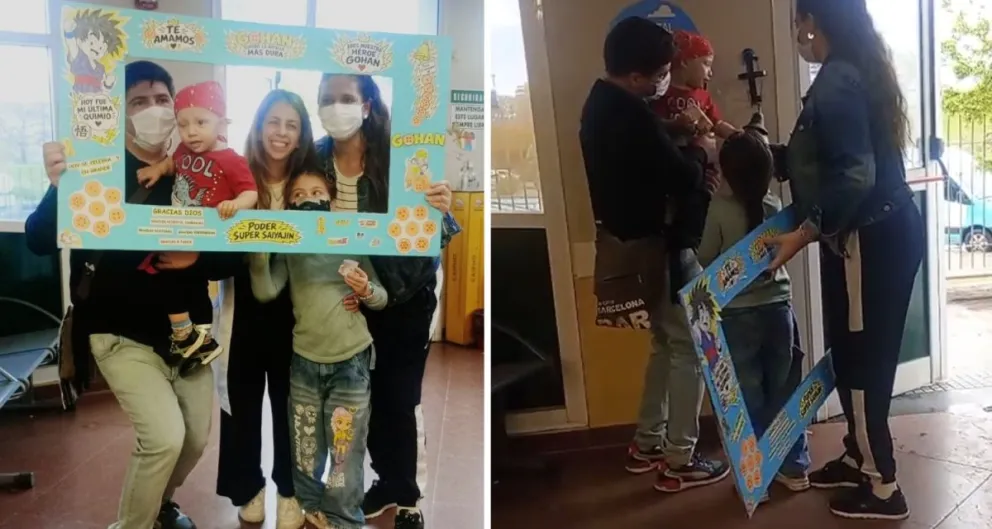 Gohan Amaya, junto a su familia, al momento de tocar la campana en el Hospital Garrahan.